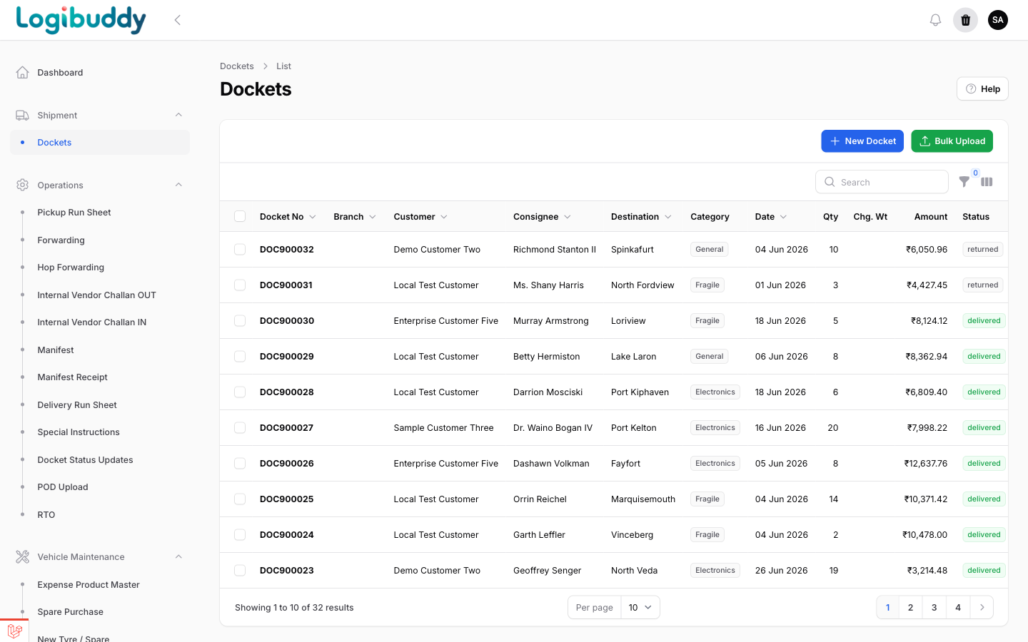 Logibuddy dockets list — docket numbers, consignees, destinations, amounts and delivery statuses