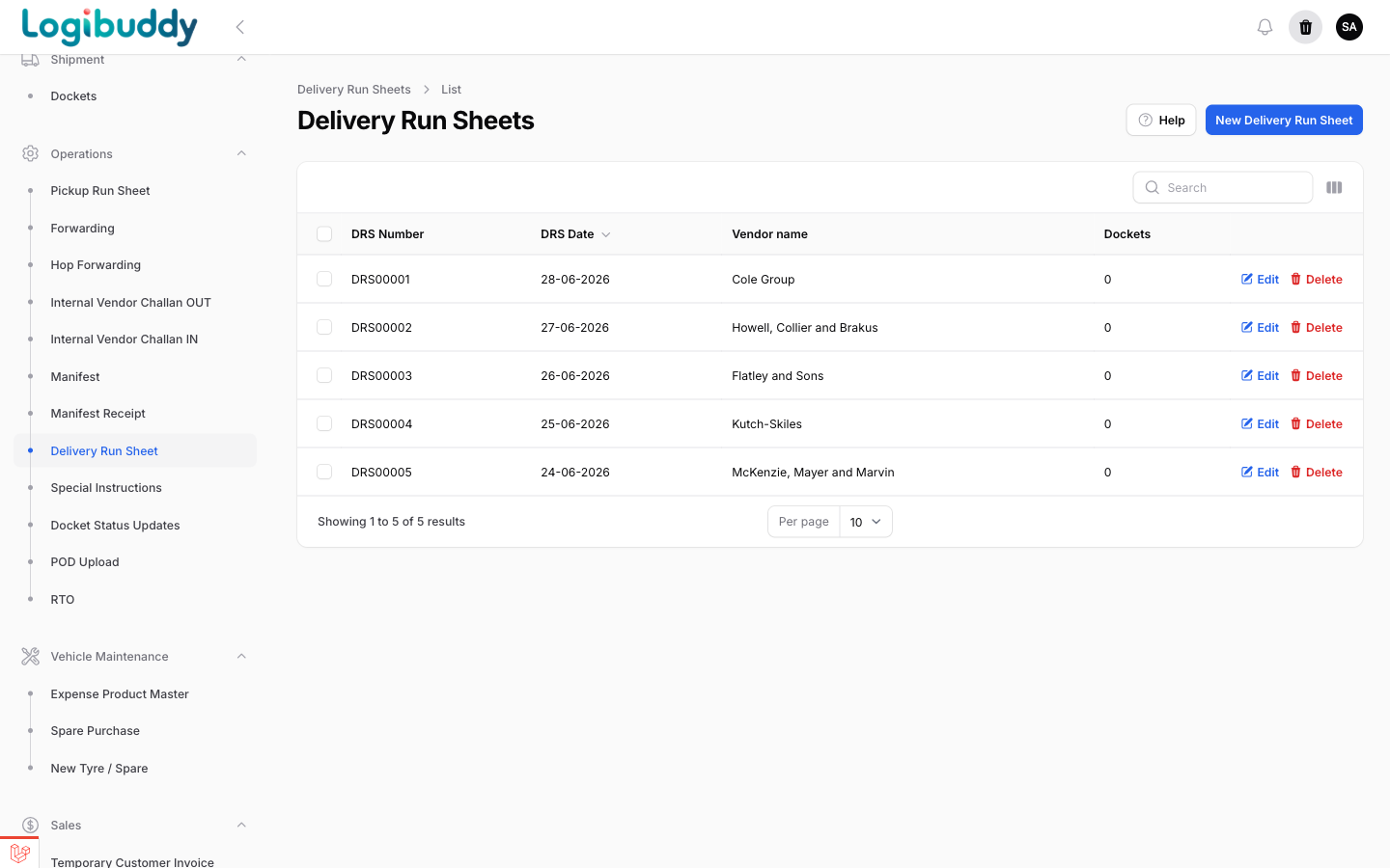 Delivery run sheet list with run sheet numbers, dates and vendor names