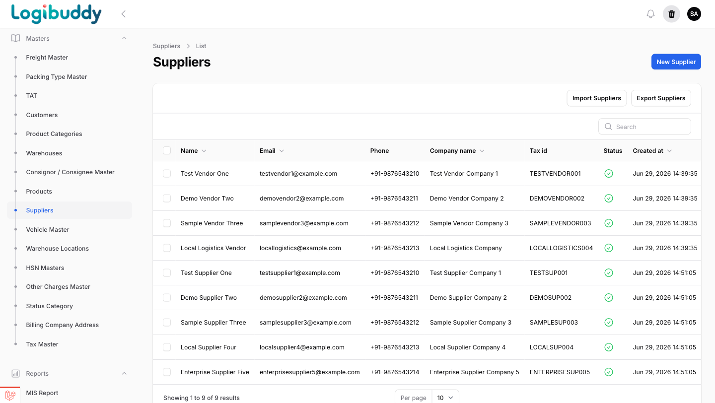 Suppliers and vendors list with company, phone and tax id