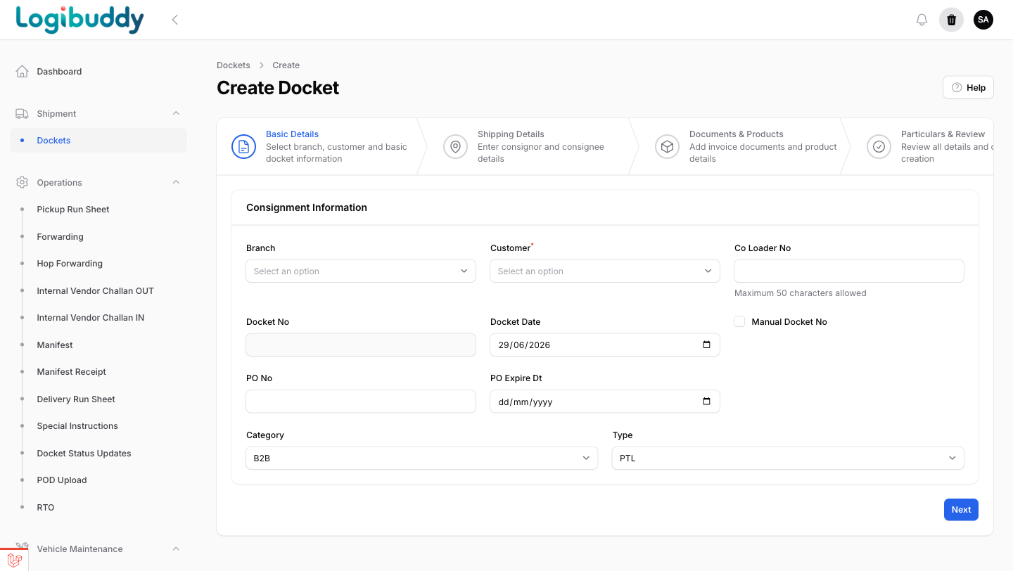 Create-docket wizard with basic details, shipping and review steps
