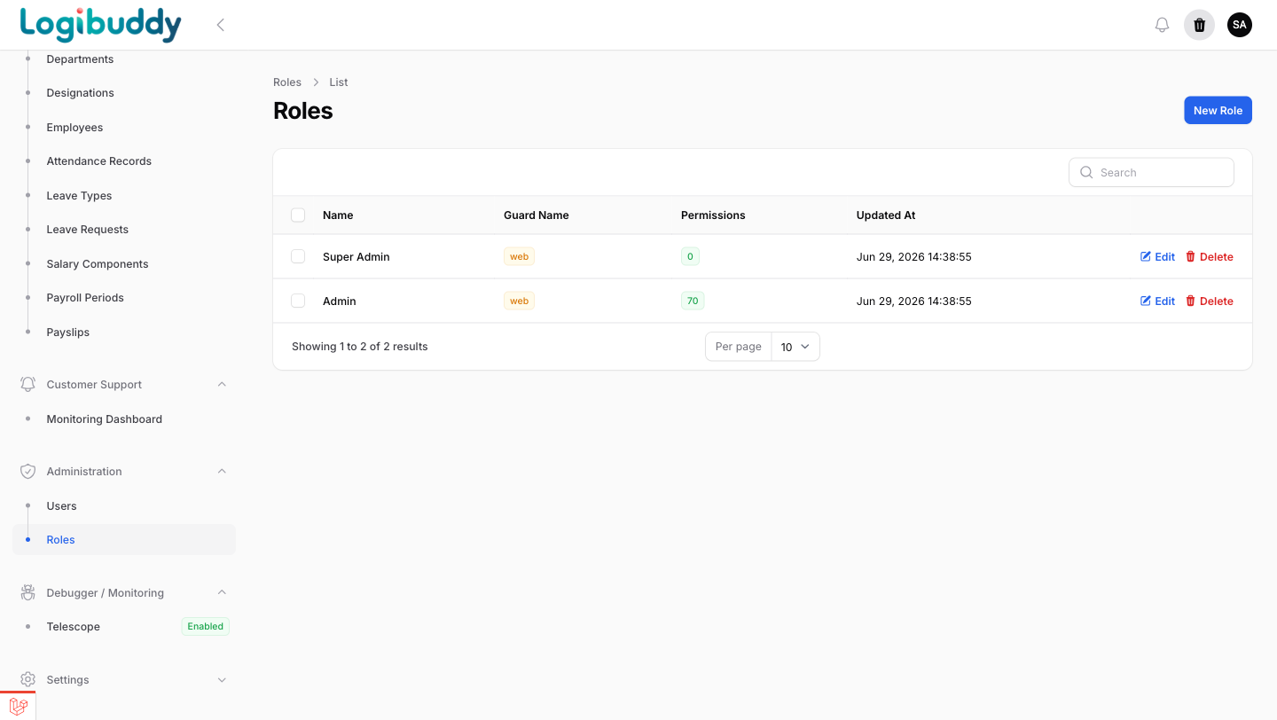 Roles list showing Super Admin and Admin with permission counts
