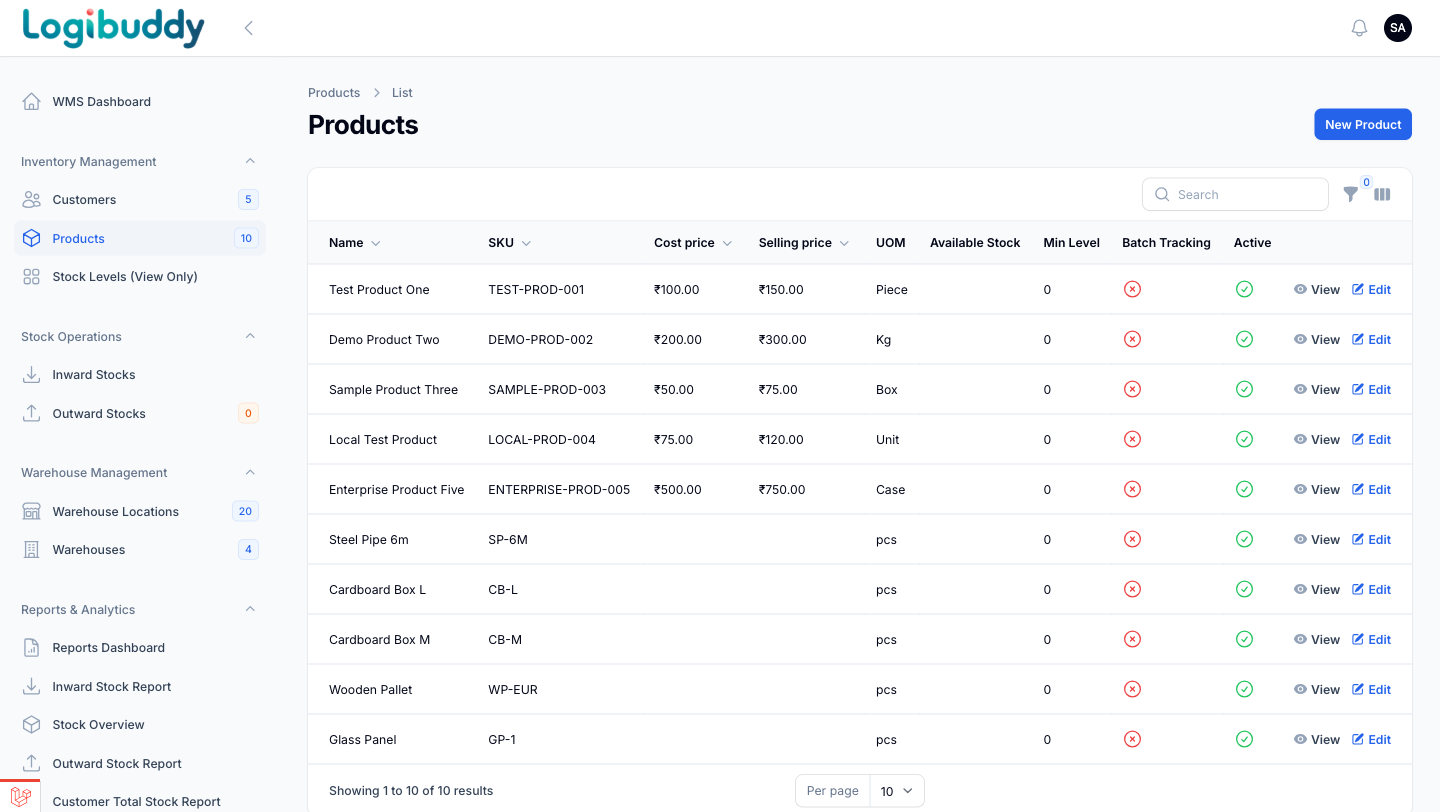 Warehouse management — product catalogue with stock details