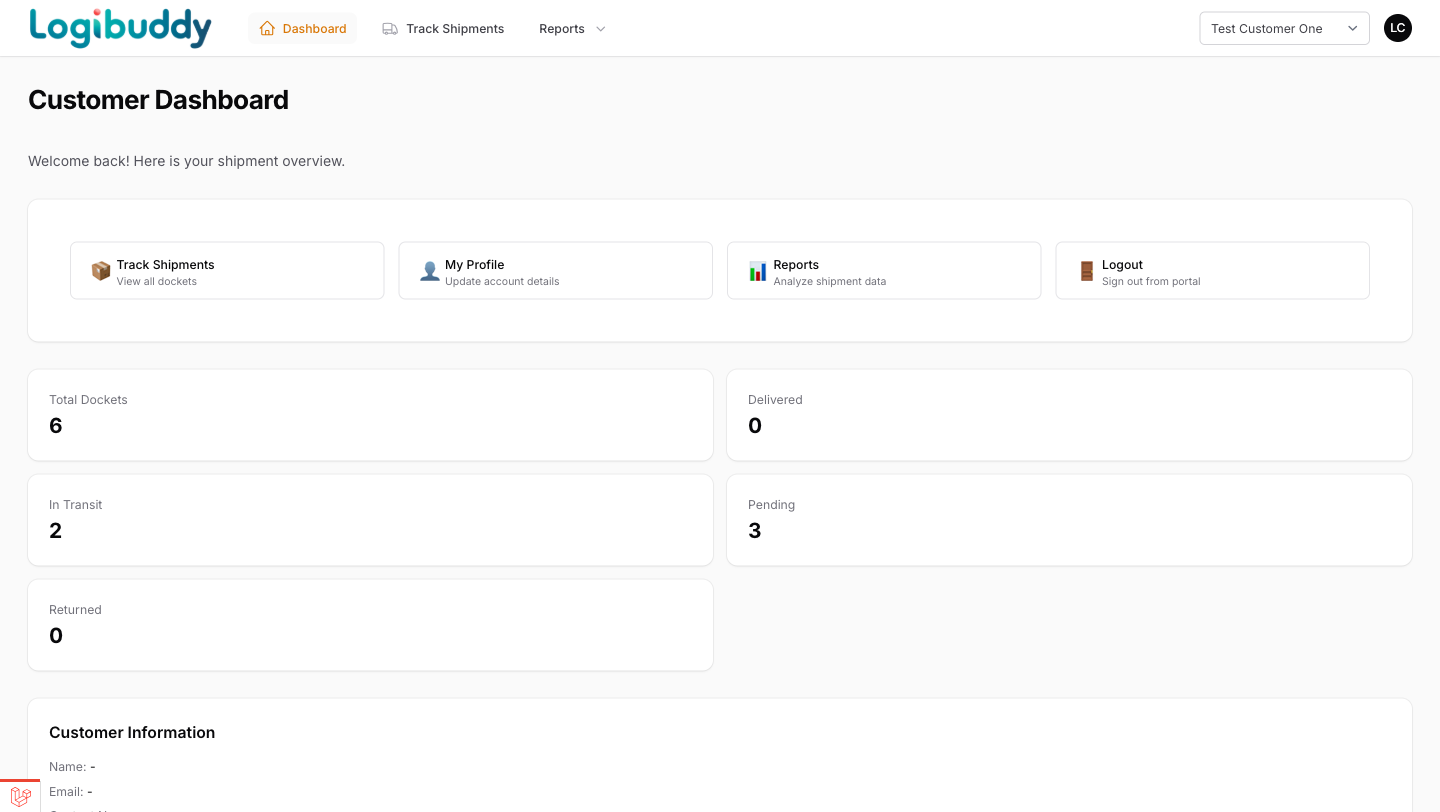 Customer portal dashboard for tracking their own shipments