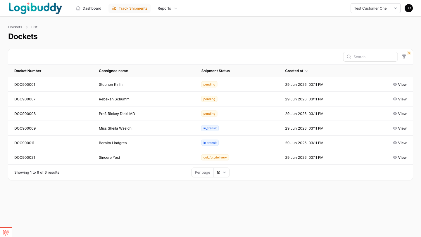 Customer portal docket list with live shipment statuses